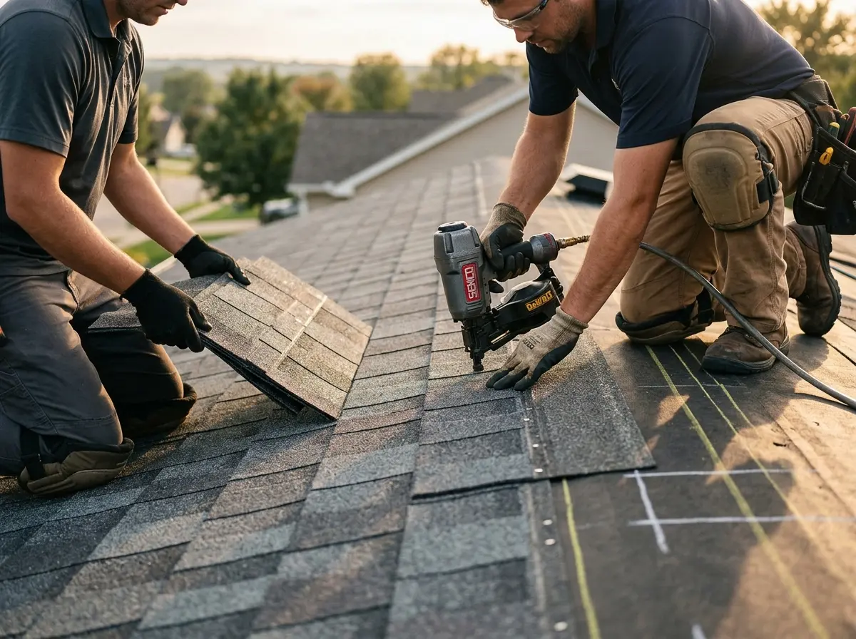 Professional roofer working on a residential roof in East Longmeadow